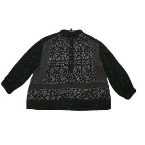 Dot Textured Embroidered Top Blouse Black White S